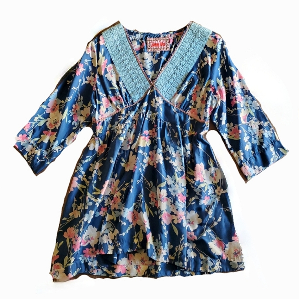 Johnny Was Boho Blue and Pink Floral Embroidered Silk Tunic